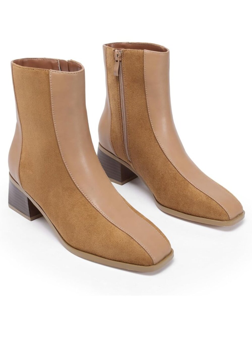 Women's Tan Square Toe Chunky Heel Side Zipper Patchwork Pu Slip On Ankle Boots
